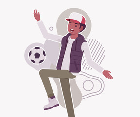 Young dark skin guy wearing cap, vest football player fun. Boy outdoor camping holiday, male hiking, shipping service delivery courier. Vector flat style cartoon illustration, creative background