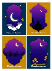 Ramadan Kareem window and mosque backgrounds. Eid Ramadan kareem Mubarak Islamic greeting cards, Poster and social media banner template with geometric pattern overlay effect in trendy warming  colors