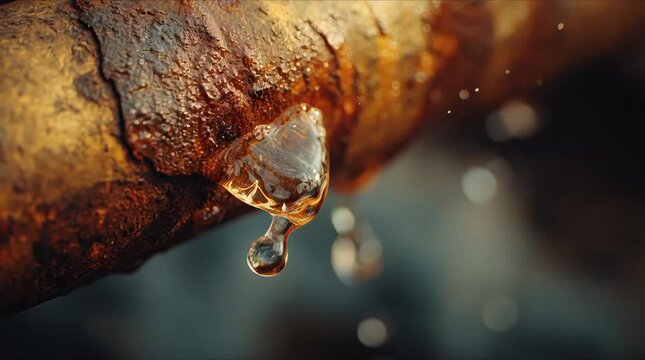 Leaking rusty pipe with dripping water in industrial setting