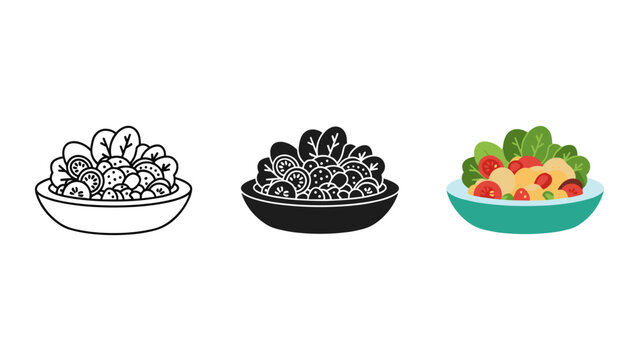 Three bowls of salad with different illustration styles Vector