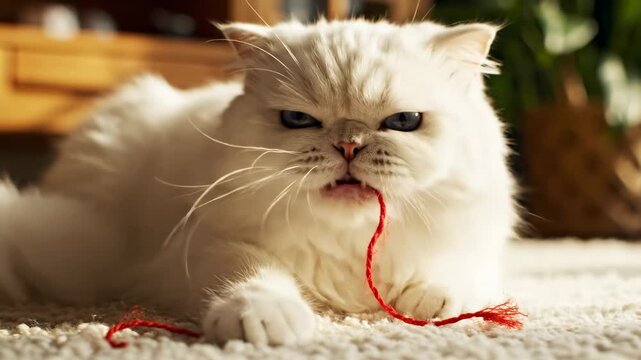 Cute White Persian Cat Playing with Red String on Carpet.
