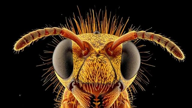Close-up of a bee's face with large eyes and antennae