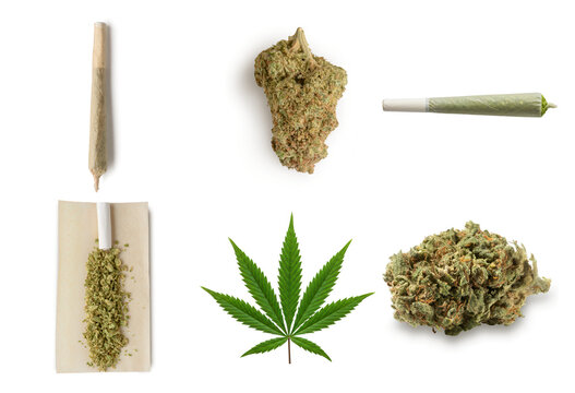high-quality collection of cannabis items including dried flower buds, rolled joints, and a fresh marijuana leaf, for editorial and educational use.