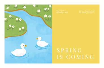 Obraz premium Abstract Green Summer landscape background vector set. Nature wallpaper of white flowers and duck. Watercolor illustration for cover, wall art, decoration.