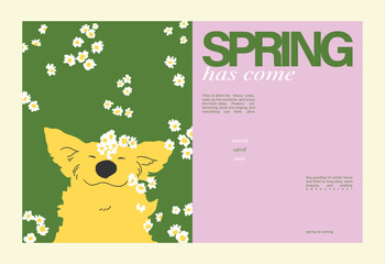 Obraz premium Abstract Green Summer landscape background vector set. Nature wallpaper of white flowers and smiling dog. Watercolor illustration for cover, wall art, decoration.