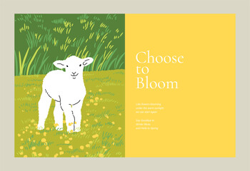 Obraz premium Abstract Green Summer landscape background vector set. Nature wallpaper of white flowers and sheep. Watercolor illustration for cover, wall art, decoration.