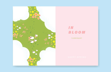 Obraz premium Abstract Green Summer landscape background vector set. Nature wallpaper of green field on mountain, yellow flowers, blue sky , little sheep . Watercolor illustration for cover, wall art, decoration.