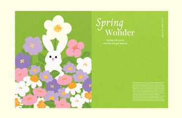 Obraz premium Abstract Green Summer landscape background vector set. Nature wallpaper of color full flowers , Rabbit , sheep. Watercolor illustration for cover, wall art, decoration.