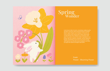 Obraz premium Abstract Green Summer landscape background vector set. Nature wallpaper of color full flowers , Rabbit , sheep. Watercolor illustration for cover, wall art, decoration.