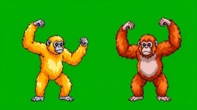 Pixel Art Animation of Gibbon and Orangutan Dancing on Green Screen