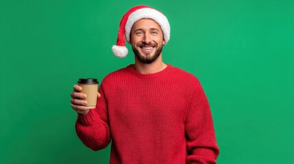 Fototapeta premium Man in a red sweater is holding a coffee cup and wearing a Santa hat. He is smiling and he is enjoying his drink