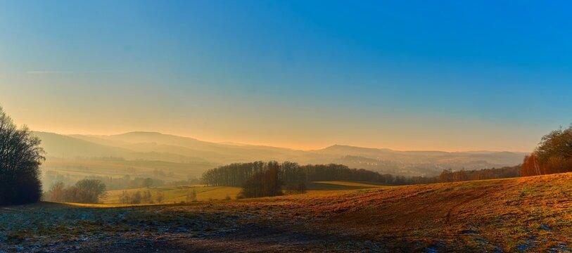 Spring landscape in the mountains of the Luzicke hory in the Czech Republic. Beautiful morning view in the mountains