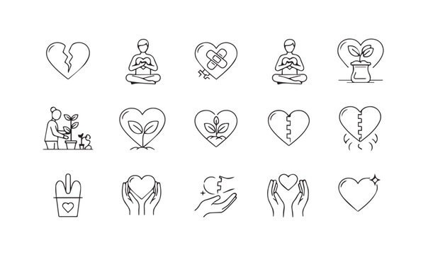 Heart healing and emotional wellness icons set featuring broken heart repair mental health recovery self care meditation growth and compassion symbols in minimalist line art style for psychology