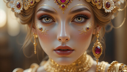 Portrait with a lady with gold and rubies jewelry. 