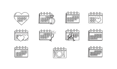 Fototapeta premium Wedding calendar event line icon set, heart and rings on calendar, marriage appointment symbols, love celebration planner linear icons
