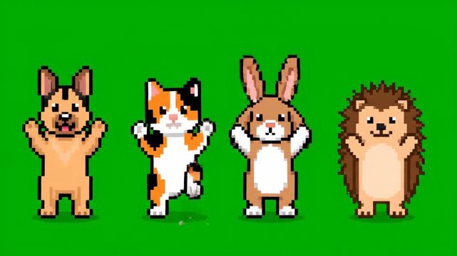 Pixel Art Animals Dance Party: German Shepherd, Cat, Rabbit, Hedgehog Grooving