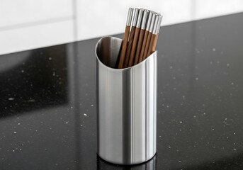 Metallic Chopstick Holder on a Dark Countertop in a Minimalist Style