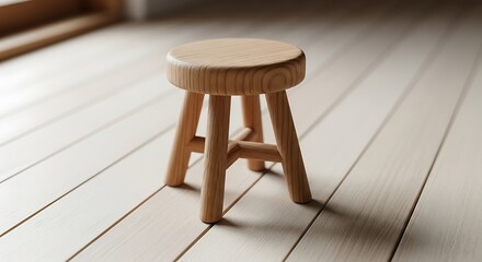 Minimalist wooden stool casting shadow on bright hardwood floor studio