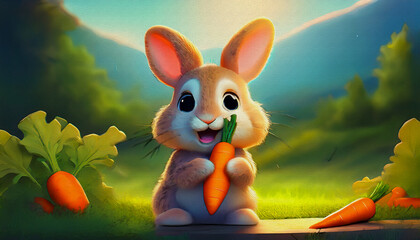 easter bunny with a carrot oil painting style illustration 