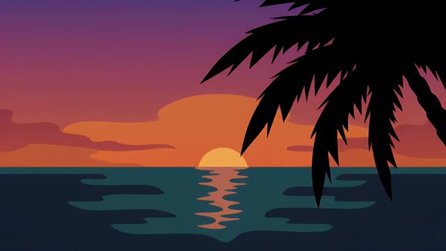 Tropical sunset with palm tree silhouette over ocean illustration