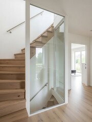 Modern stairway design with oak steps and transparent glass panels indoors