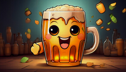 glass of beer caroon character oil painting style illustration