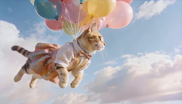 Surreal flying cat balloon in colorful pastel dress costume floating through sky and cloud dreamy fantasy scene playful silliness joyful freedom adventure imagination wonder dreamlike cute colorful