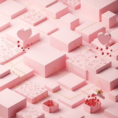 Pink Cubes and Hearts, Elegant Geometric Arrangement for Love and Romance