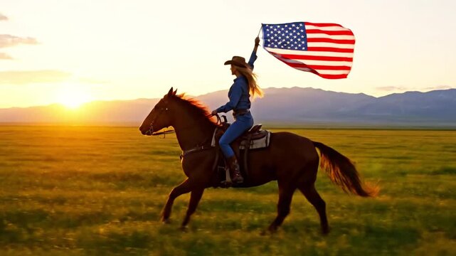 Woman in cowboy hat riding a horse across a grassy field at sunset, holding up the American flag.