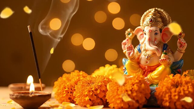 Lord Ganesha Figurine with Lit Diya, Incense, and Marigold Flowers