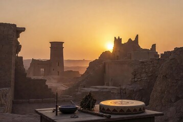 Obraz premium Golden sunset over ancient desert ruins with traditional objects in foreground