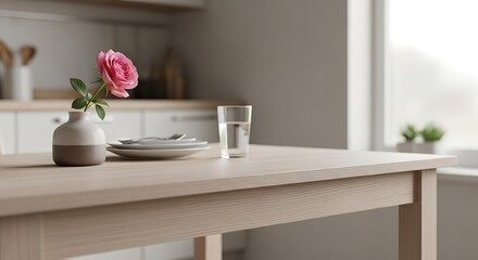 Tranquil kitchen scene featuring a rose, tableware, and water glass