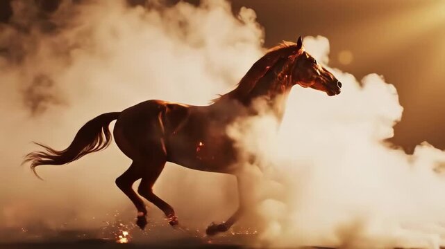 Majestic Arabian Horse Galloping Through Dusty Landscape at Sunset.