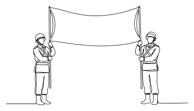 Minimalist one line drawing of two soldiers in uniform holding a large blank banner