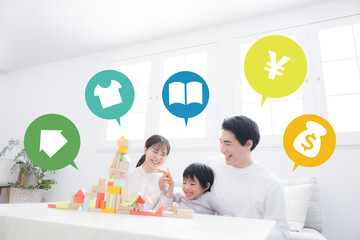 子育てに必要な経費を考えるファミリーのイメージ 積み立てNISA、円安の投資、教育費、衣食住や学資保険などのお金のイメージアイコン付き
