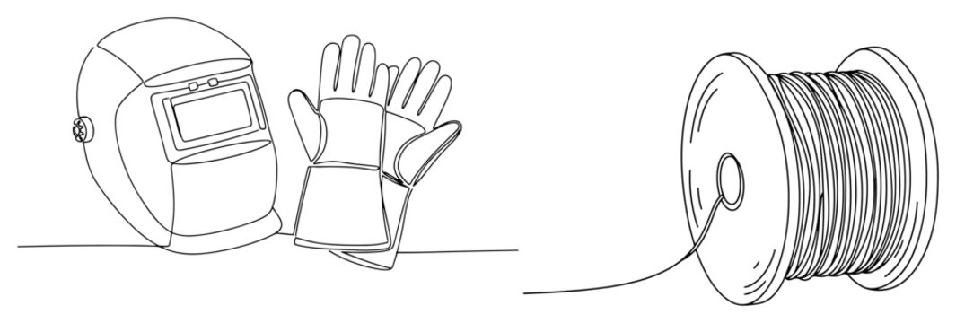 Welding equipment set with protective mask gloves and wire spool line art