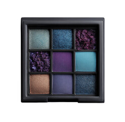 Fototapeta premium Nine-pan eyeshadow palette, square, black case. Colorful, textured eyeshadows in a variety of shades. Cool tones, including teal, amethyst, and mauve