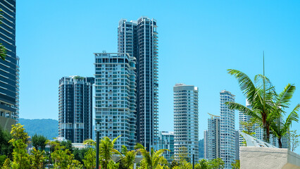 Obraz premium Malaysia, Penang Island. Georgetown sea-port-town with high-rise buildings on the coast.