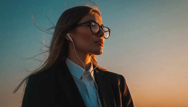 femme d'affaires &agrave; lunettes &eacute;coutant de la musique au coucher du soleil