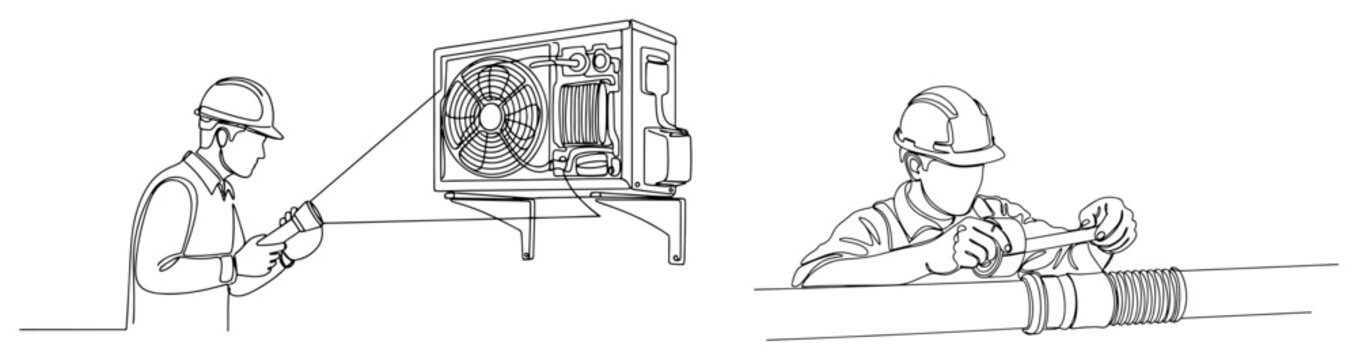 Technician inspecting air conditioning unit and worker repairing pipes in minimalist line drawing