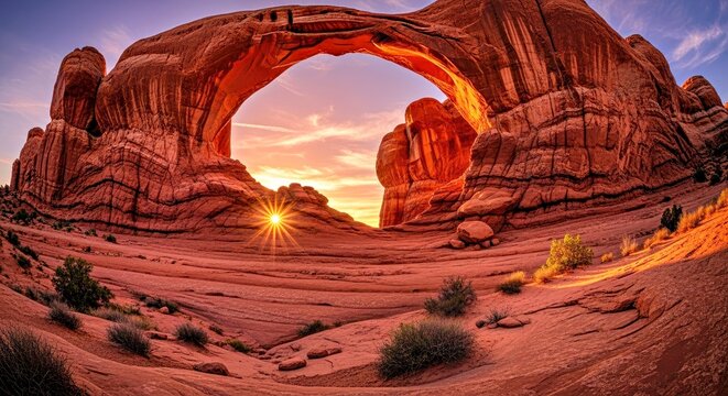 Surreal Desert Landscape With Natural Rock Archway and Golden Sun