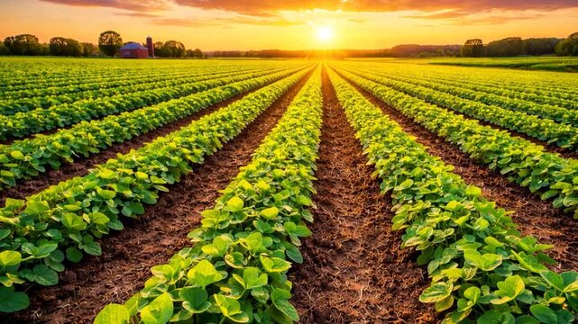 Young soybean seedlings growing in neat rows across a rural farm field at sunset. 
