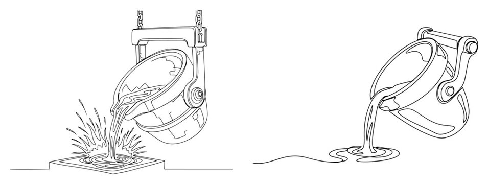 Industrial ladles pouring molten metal into molds in continuous line art style