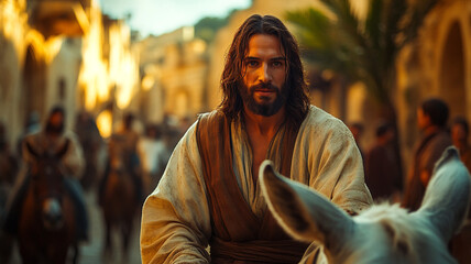 Palm Sunday. Meeting Christ with palm branches. Jesus rides into Jerusalem on a donkey.
