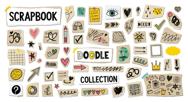 A diverse collection of hand-drawn doodle elements and text snippets for scrapbooking and creative projects.