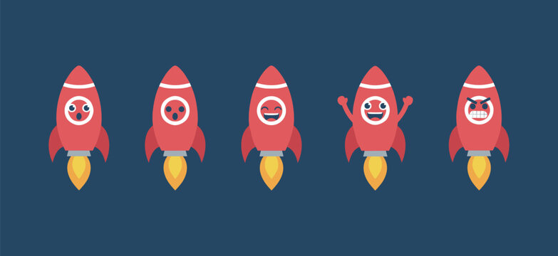 Set of Rocket Characters with Different Facial Expressions Surprised Happy Excited and Angry Emoji Avatars for Space Adventure Concept