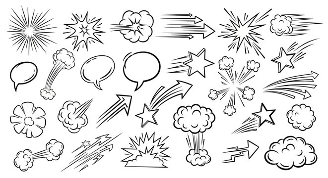 A collection of hand-drawn comic book elements including speech bubbles, speed lines, explosions, and starbursts.