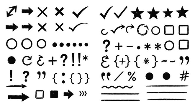 A comprehensive collection of hand-drawn symbols, arrows, punctuation, and various graphic elements for design and annotation.