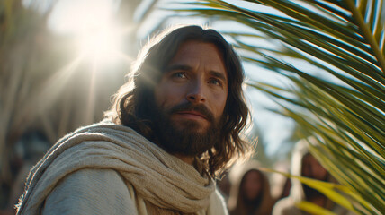 Palm Sunday. Meeting Christ with palm branches. Jesus rides into Jerusalem on a donkey.