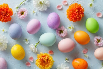 Obraz premium Colorful Easter eggs and spring flowers arranged on a textured blue surface, festive holiday flat lay background for seasonal promotion banner with copy space